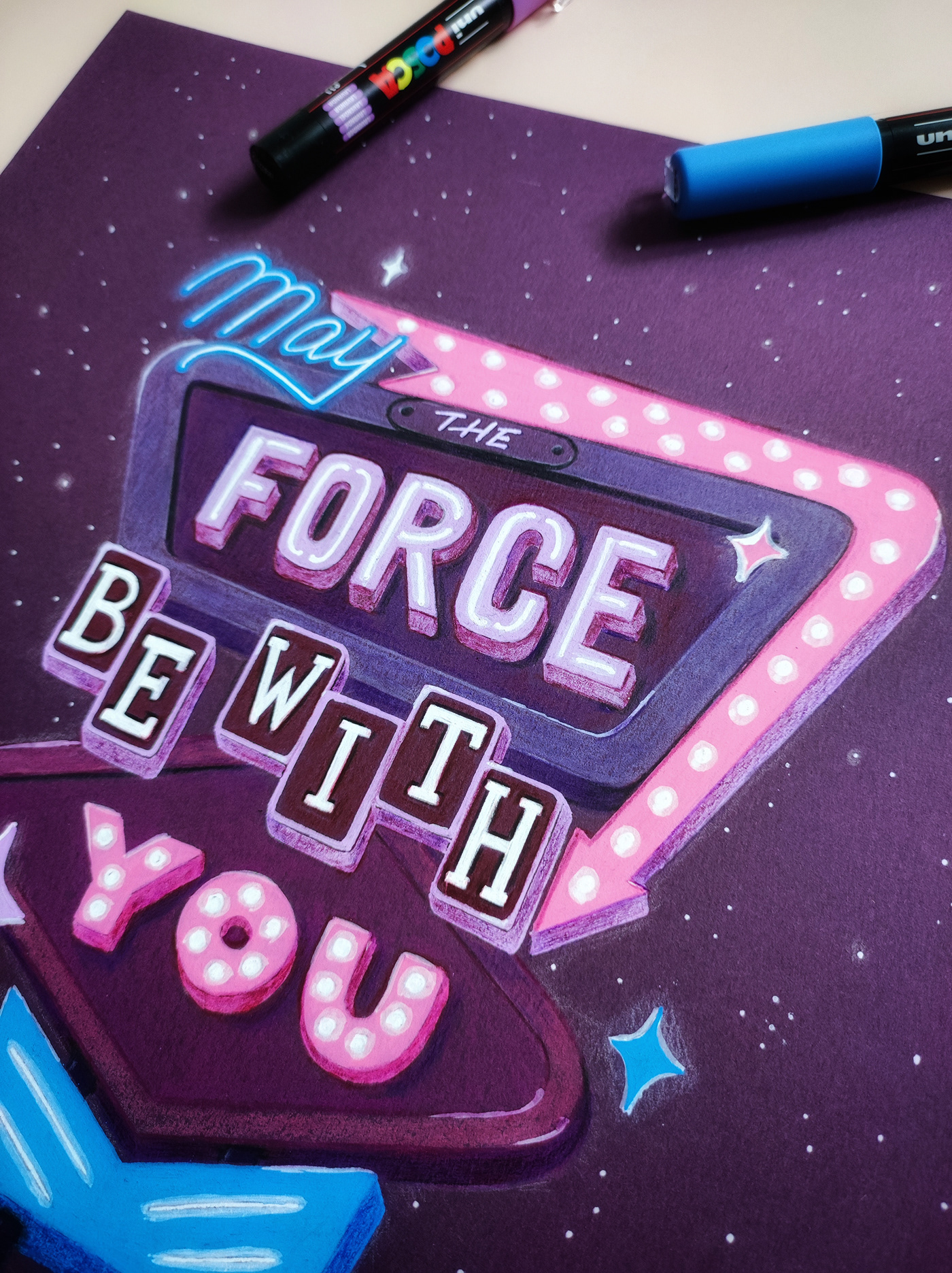 handwritten lettering star wars lettering for postcards may the force be with you retro sign lettering postcards леттеринг открытка иллюстрация Posca
