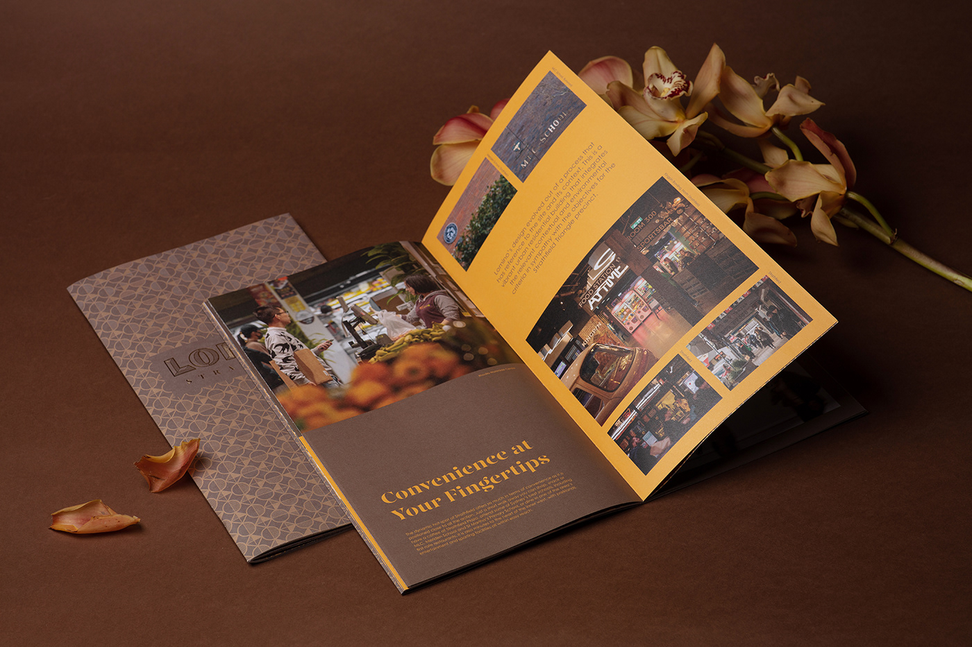 print production Property marketing brochure design Creative Direction  Creativity Luxury Apartment Comtemporary Photography  commercial Yellow and Brown