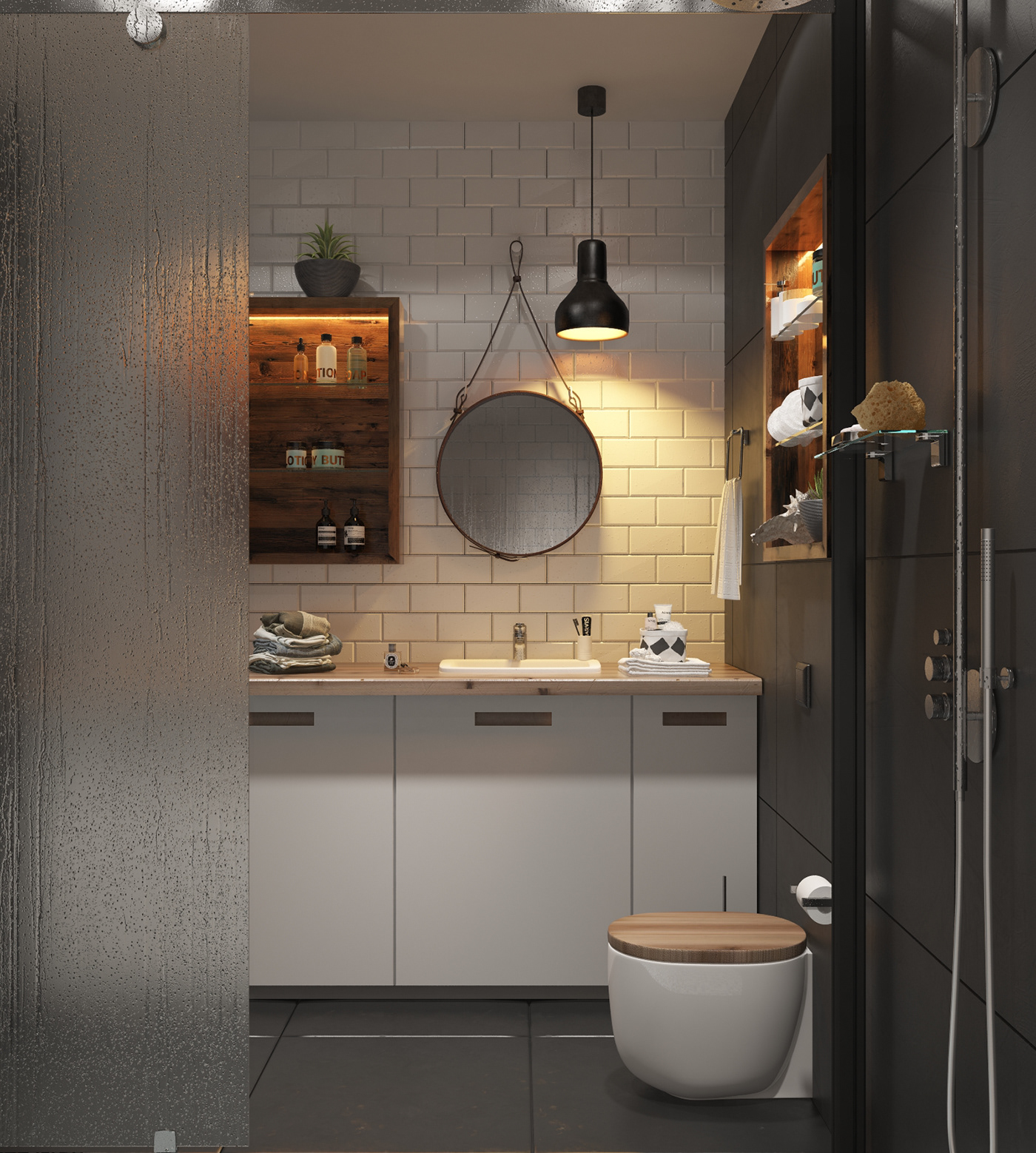 bathroom dark tile LOFT wet drops SHOWER White design mirror