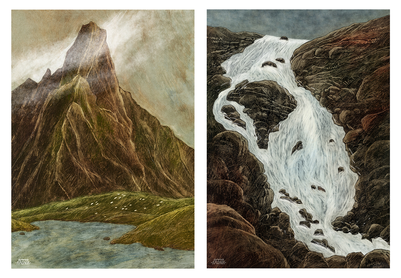 Scandinavia nordic viking ILLUSTRATION  Landscape Nature mountains oilpainting etching art
