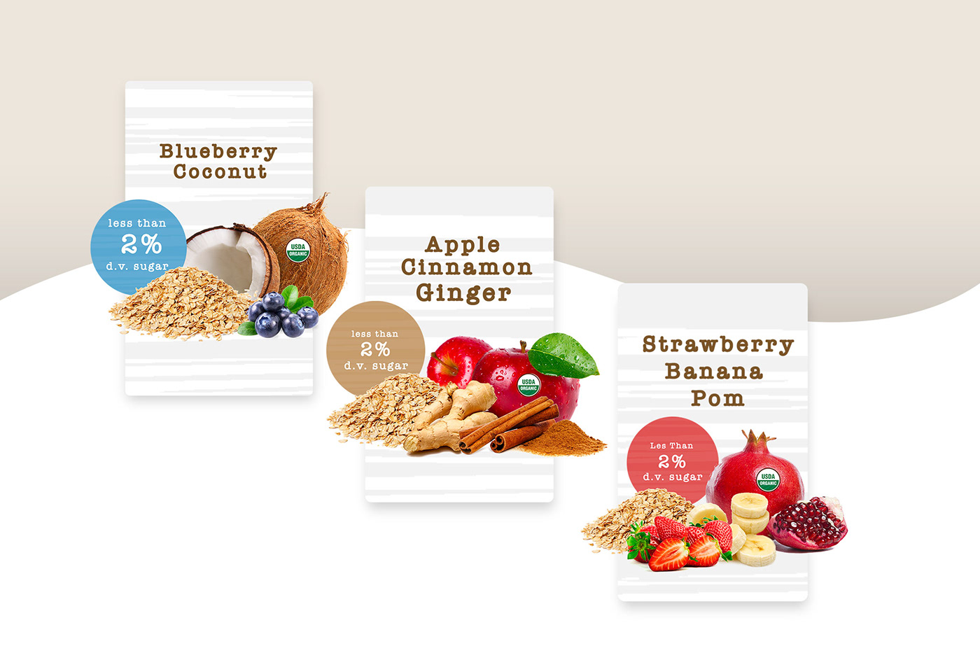 Labels for the rebranded Modernoats package designs including new organic fresh fruit flavors.
