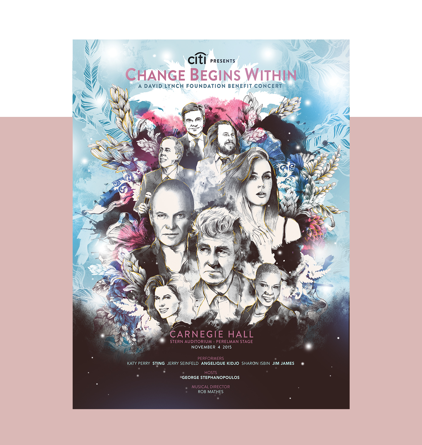 poster concert charity benefit Gala portrait Awards Event design florals foliage watercolor