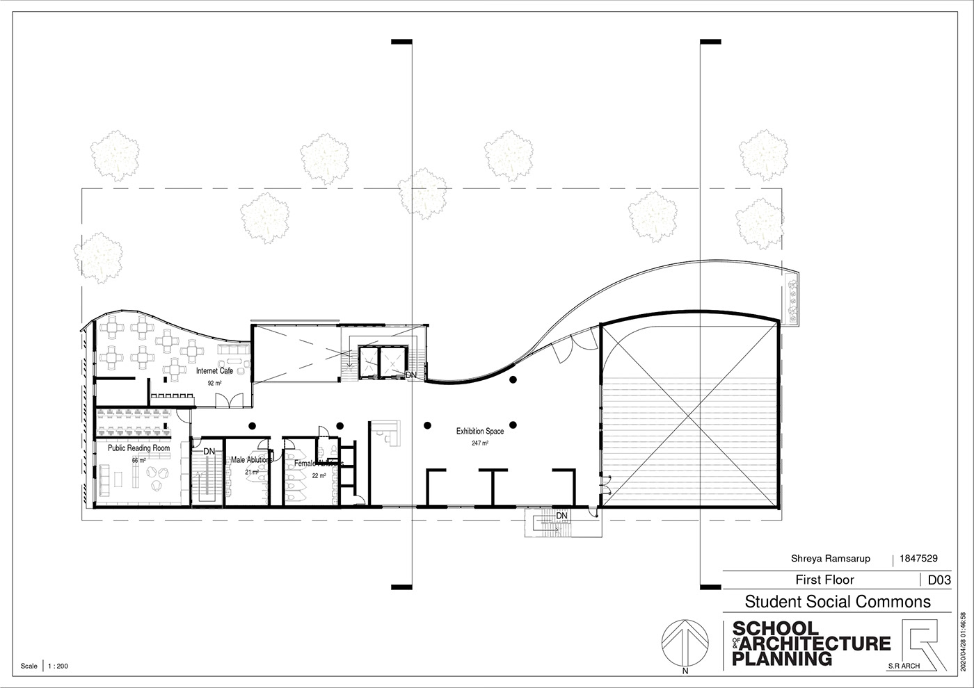 brick concrete curves design educational louvers Office Space public space restaurant student commons