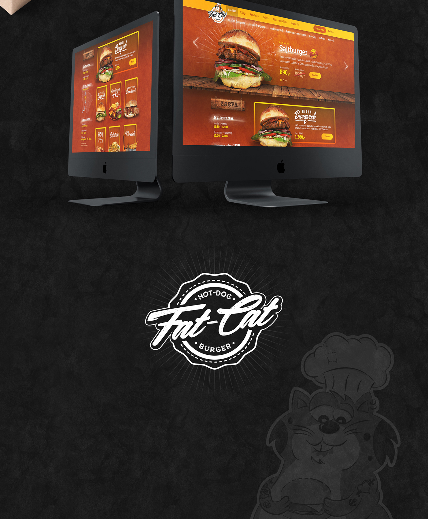 burger hotdog brand logo fat Cat identity branding  Website menu