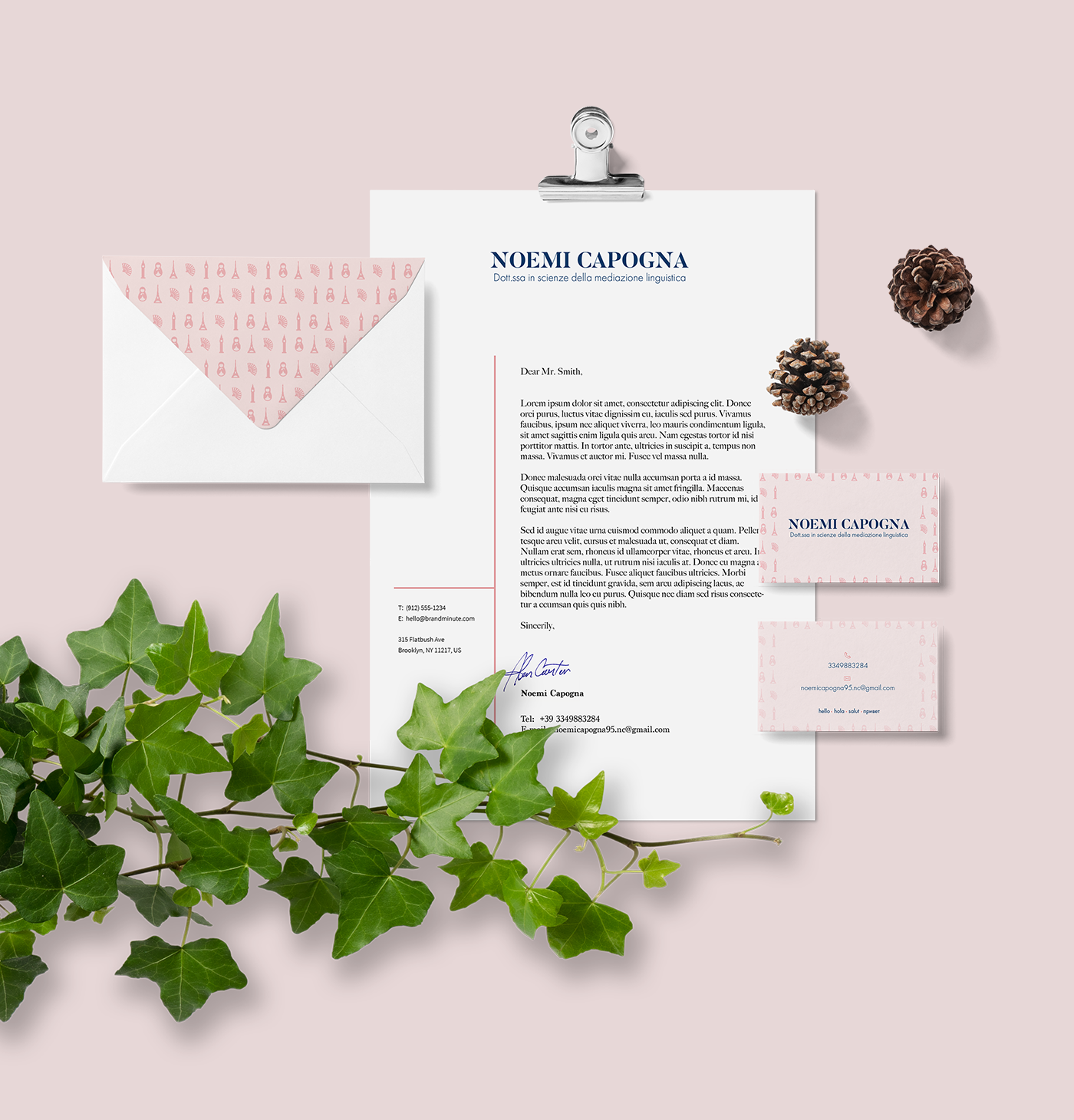 brand brand identity stationary logo business card minimal pink plants icons design