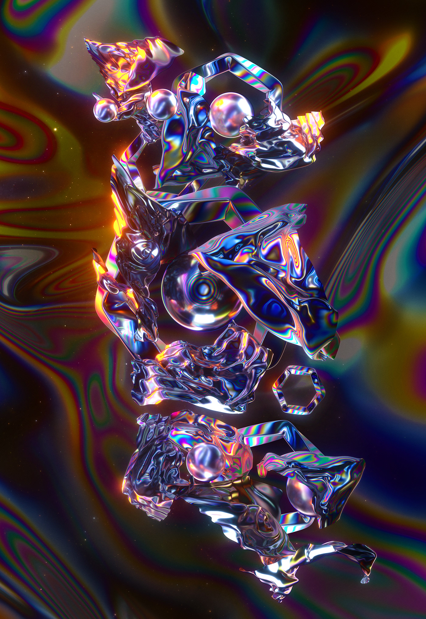 cinema4d octane iridescent 3D abstract weird rainbow metal chrome Scifi