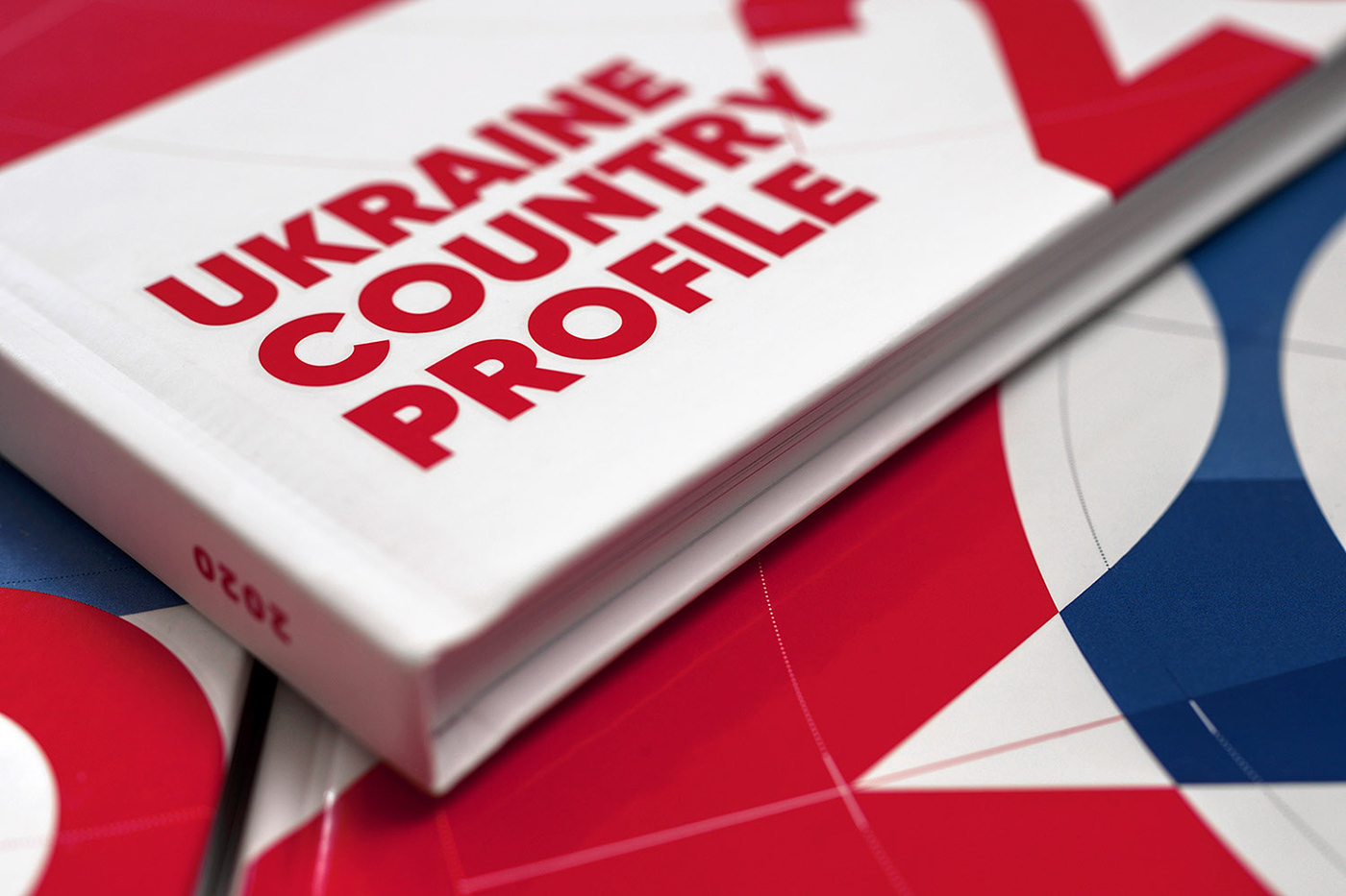 Business cover design for an economic publication in red and blue colors. Ukraine Country Profile