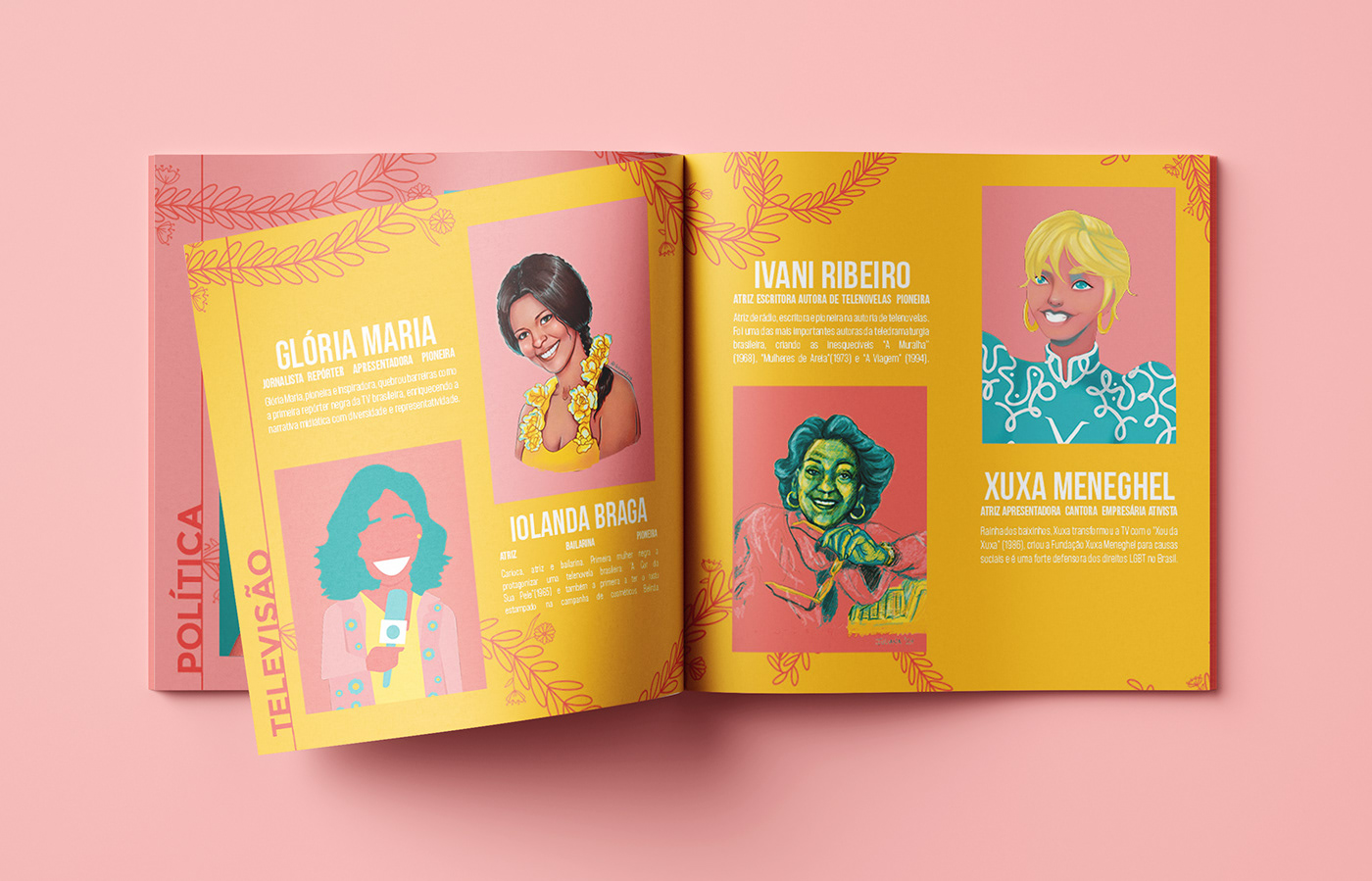 Mockup of a sticker album with illustrated portraits of empowered brazilian women in television.