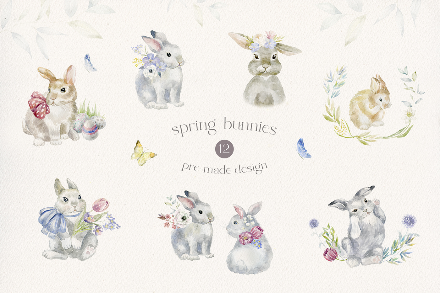 Easter bunnies watercolor illustration animal hare Holiday flower Bouquet frame seamless patterns