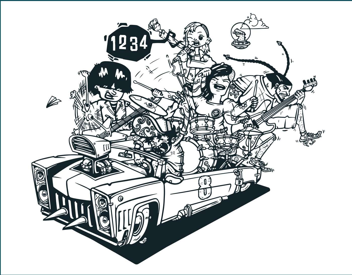 Lineas ilustracion coche con grupo de rock