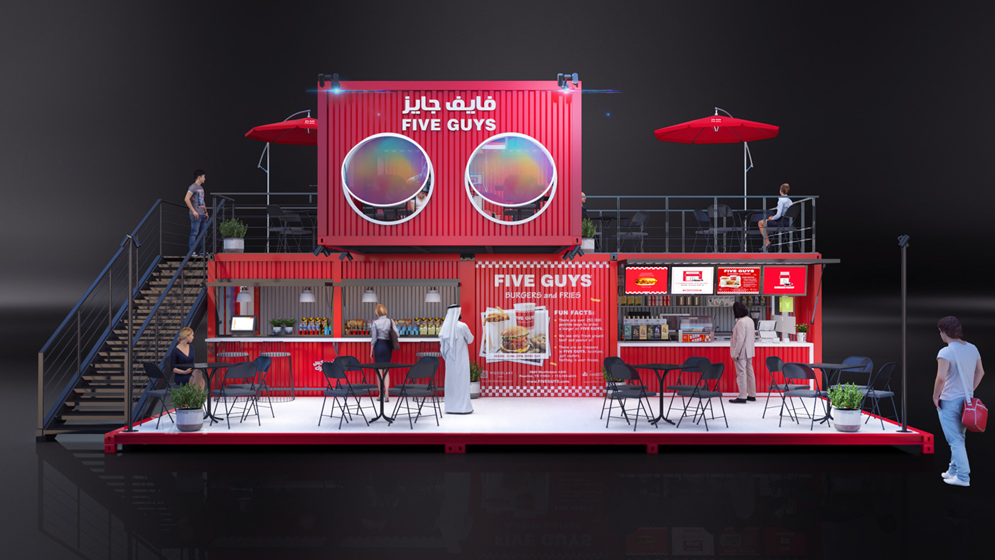 Box Park container design dubai Exhibition  Five Guys Kiosk Meraas shop UAE