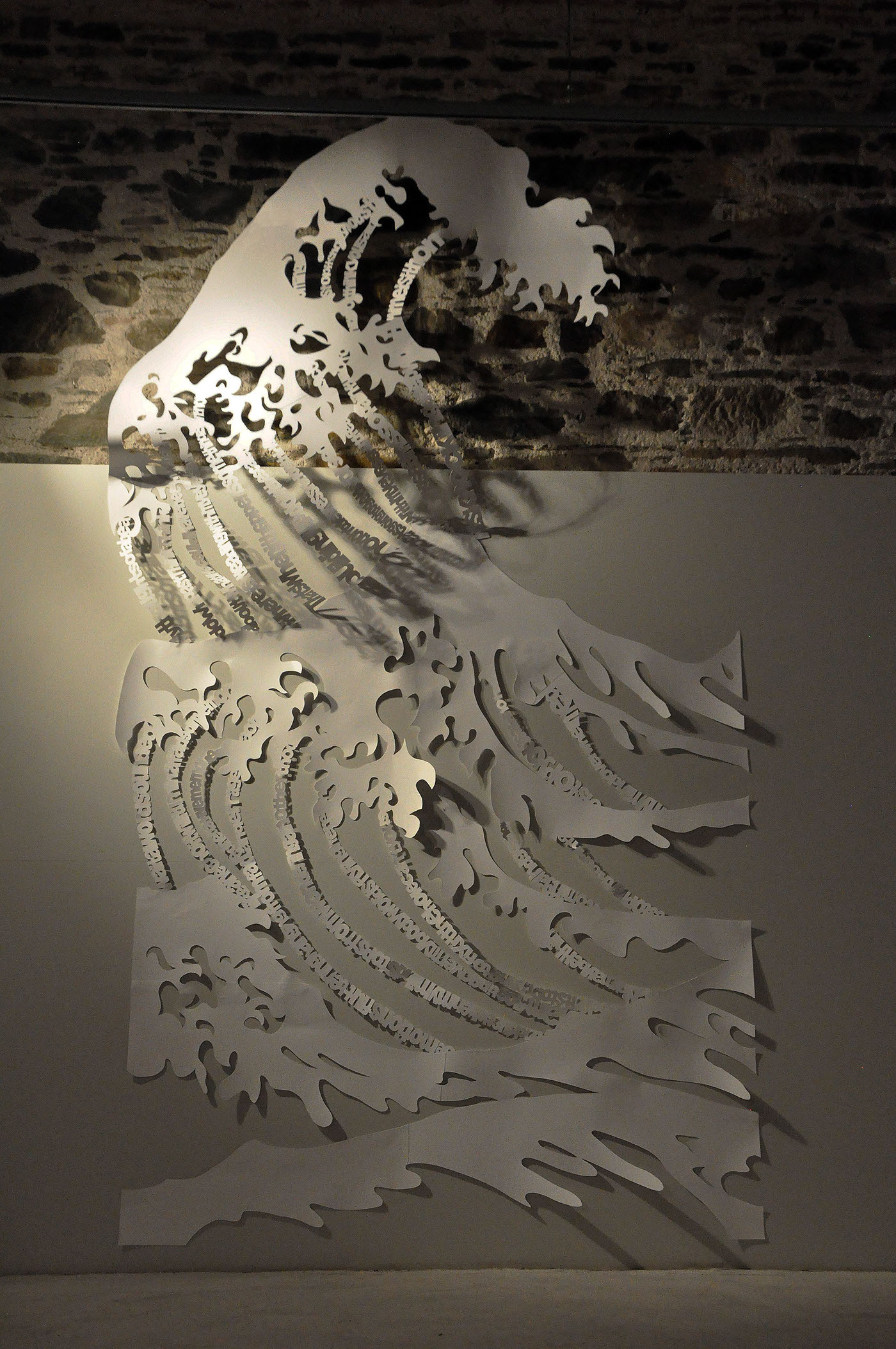 letters visual poetry Katsushika Hokusai White 3D The Great Wave hand cut installation insitu paper