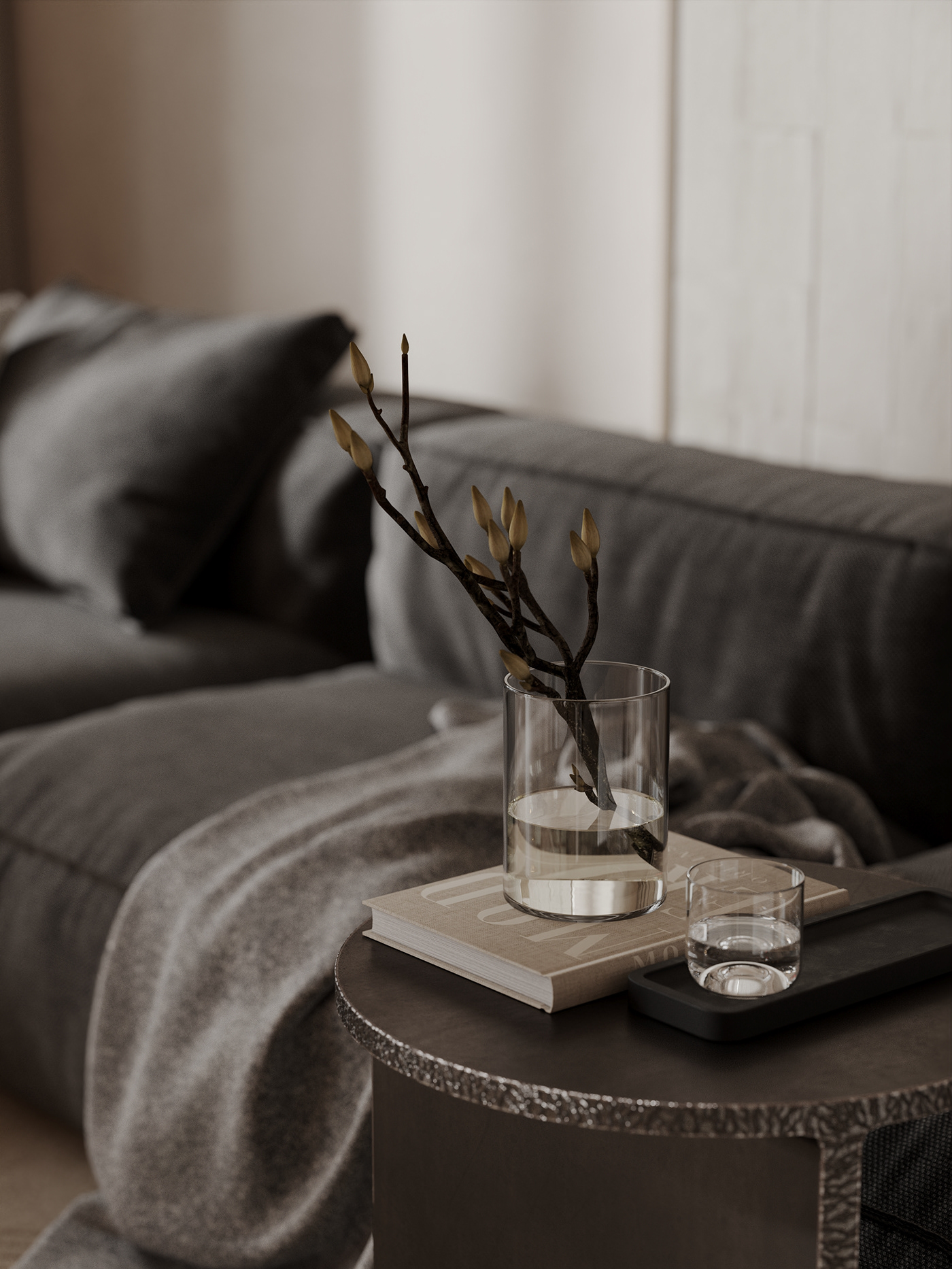 living room visualization archviz Wabi Sabi Japandi Minimalism beige black