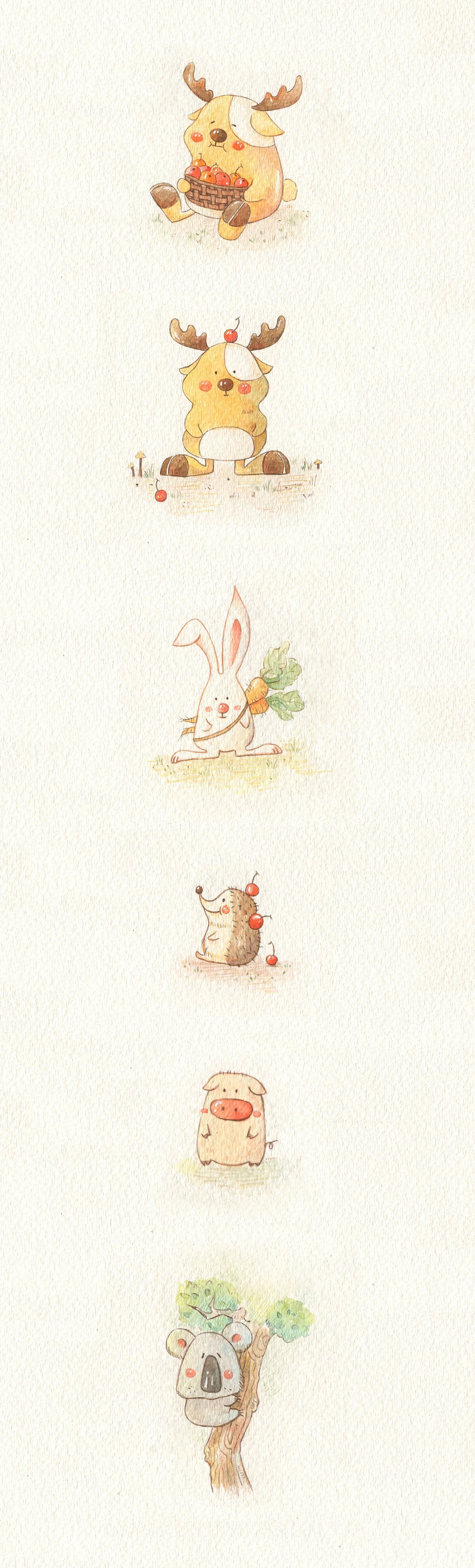 插画纸绘水彩绘本手帐动物鹿兔猪刺猬考拉果子萝卜树