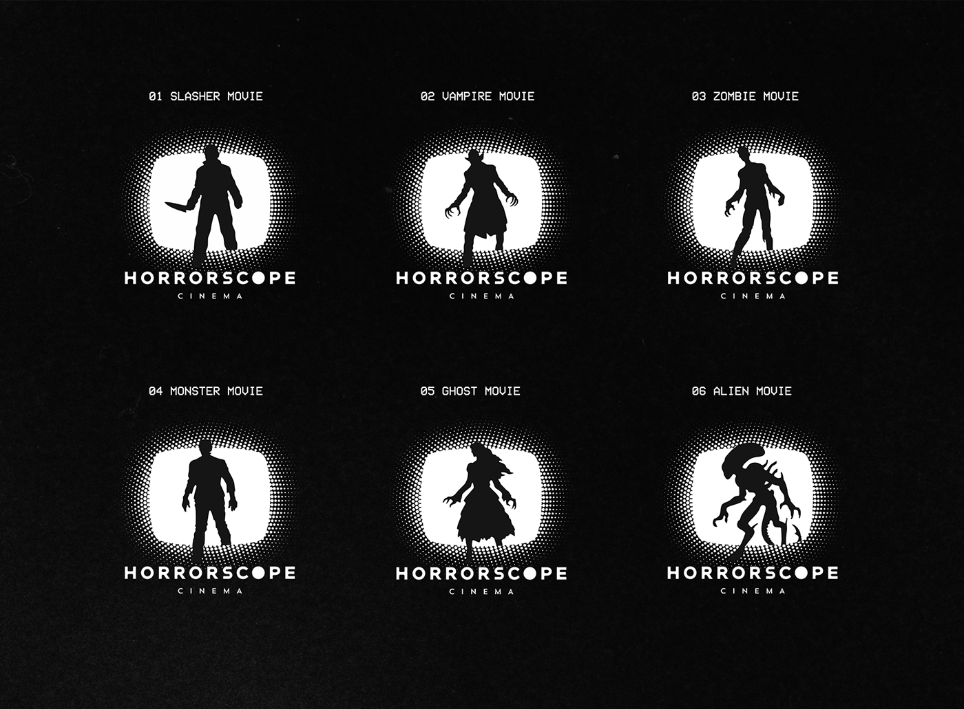 horror Cinema films Movies scope kinescope tv logo identity dark black and white Animated Logo motion