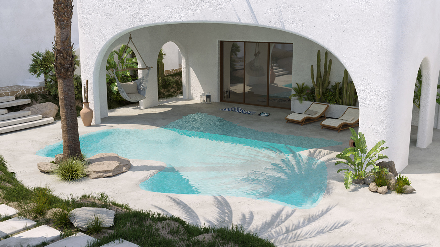 architecture exterior 3ds max visualization resort beach Pool santorini Landscape