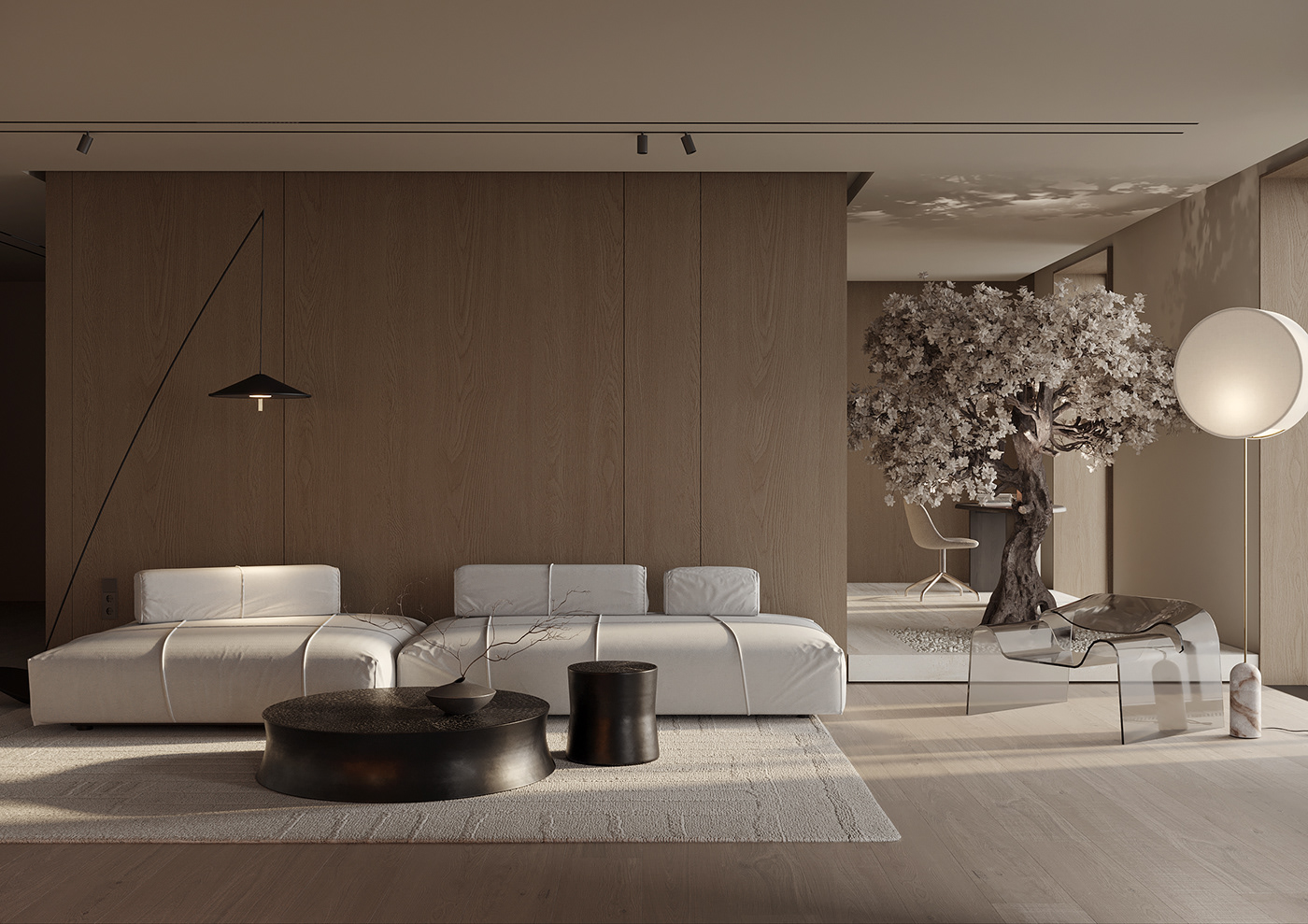 living room kitchen interior design  3dsmax corona render  Vizualization Japandi interior Japandi Tree  Interior