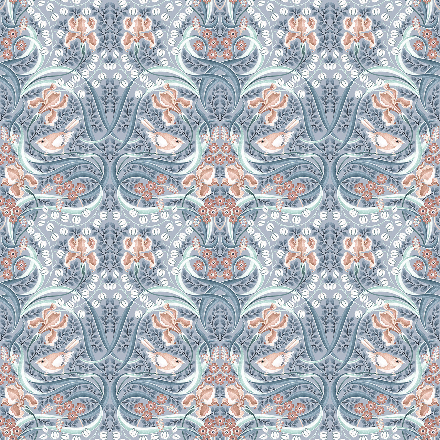 Seamless pattern design featuring bellbirds, lilies of the valley, forget-me-not and iris flowers.