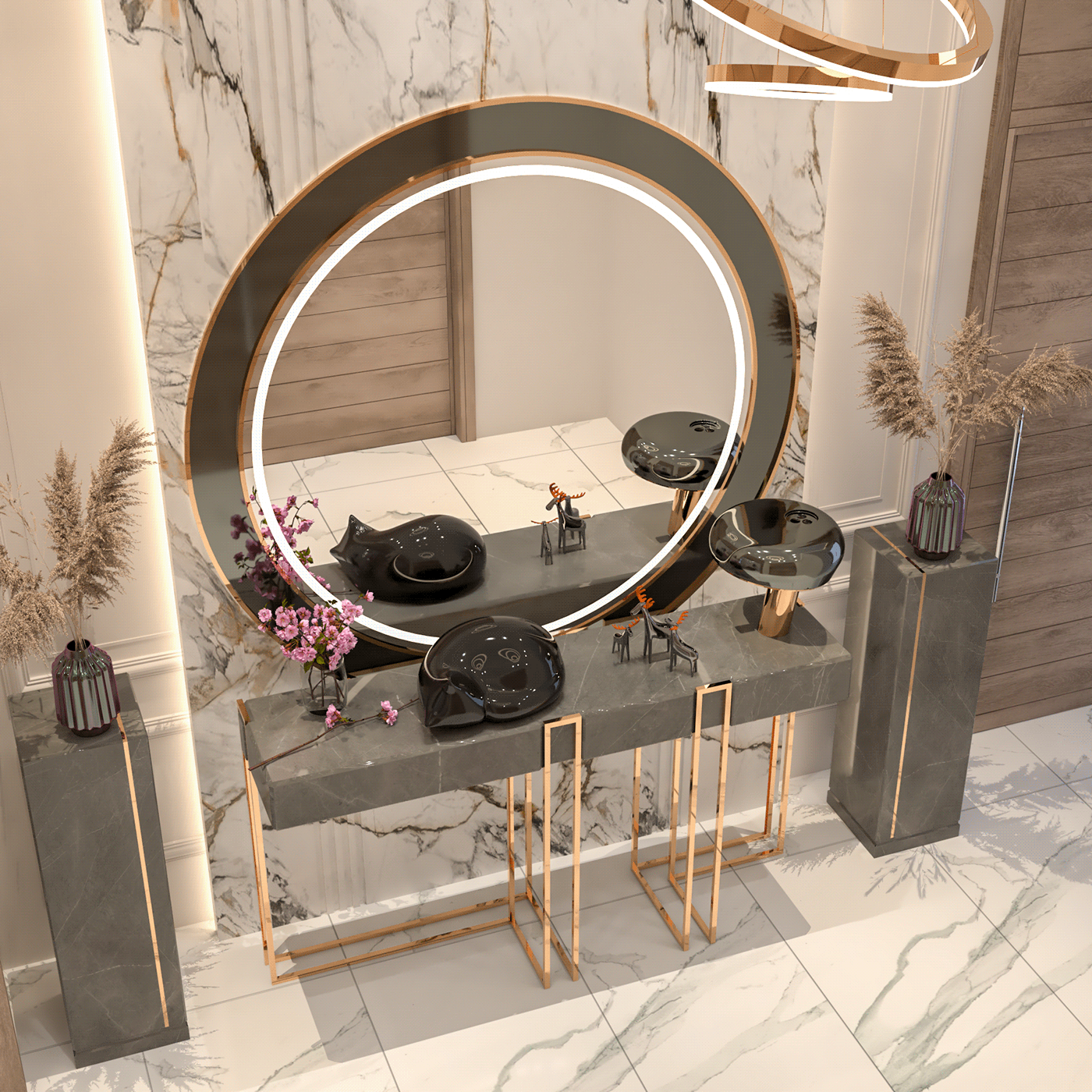 3D Entrance gold interior design  Lobby luxury modern Render visualization vray