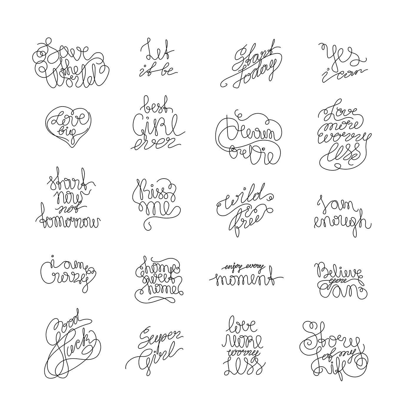 Inscription inspirational lettering set tattoo vector continuous line art handwritten