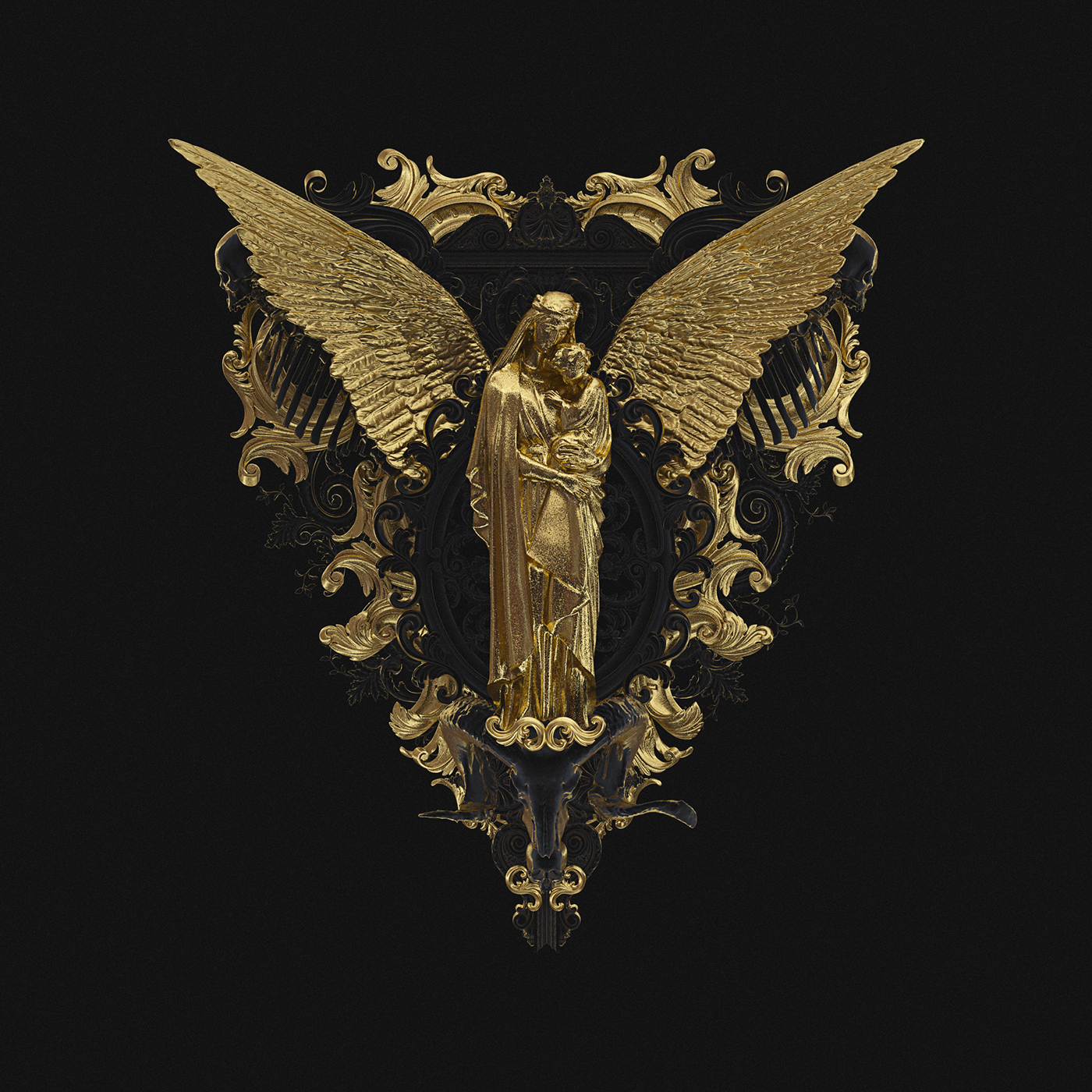 billelis ILLUSTRATION  3d art gold ornate skull symmetry pattern art direction  3D