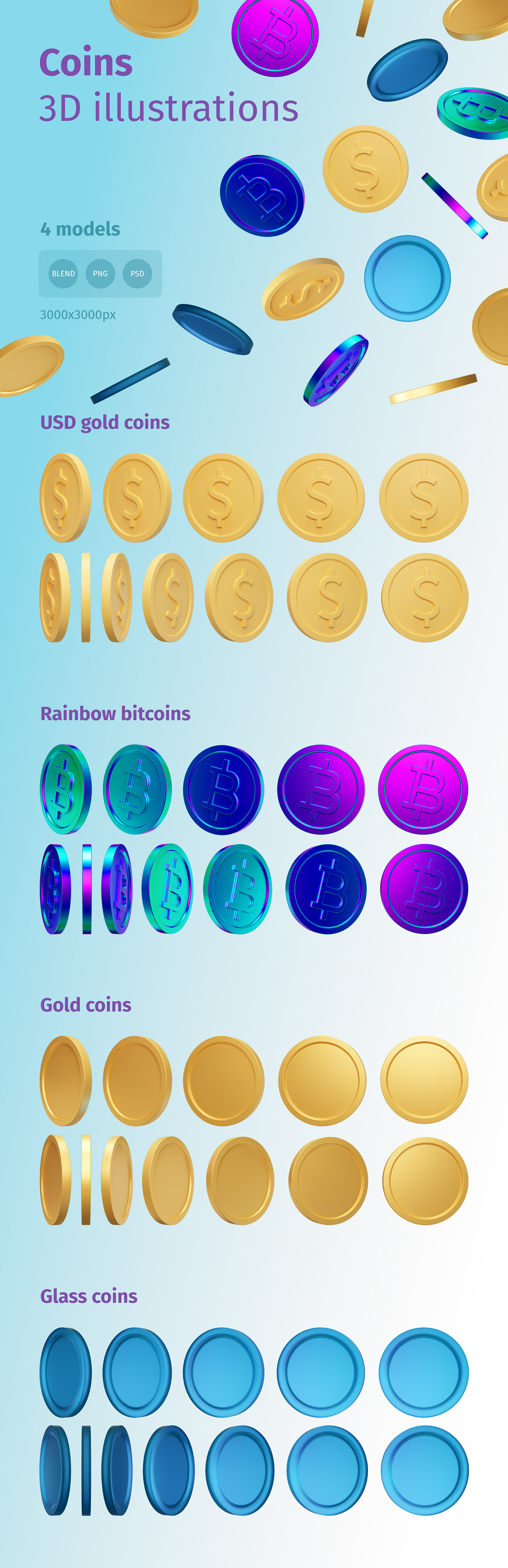3D renderings gold coins, glass 3d models, dollar 3d money, bitcoin rainbow 3d illustartions