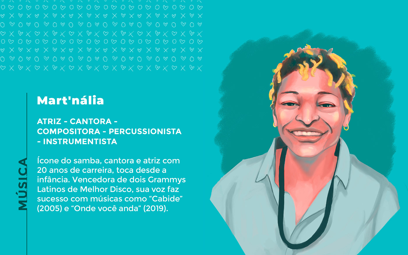 An illustrated portrait of Mart'nália, a brazilian actress, singer and songwriter.