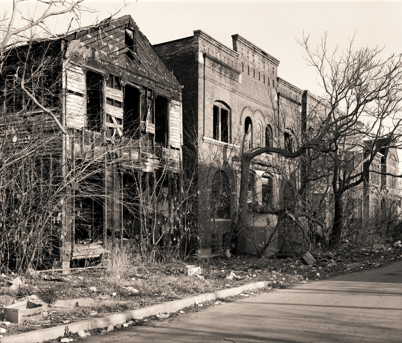 A row of abandoned houses in Detroit, Michigan.