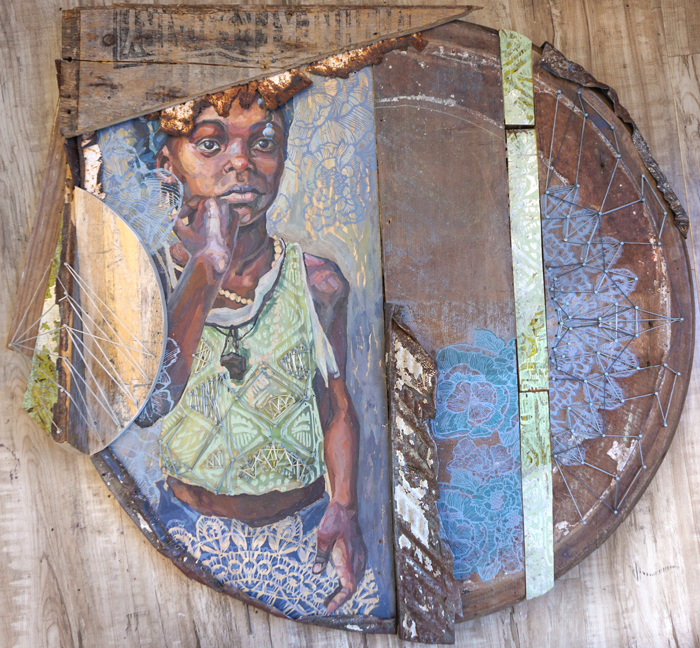recycle portrait people string found object Assemblage africa black wood upcycled children oil Screenprinting