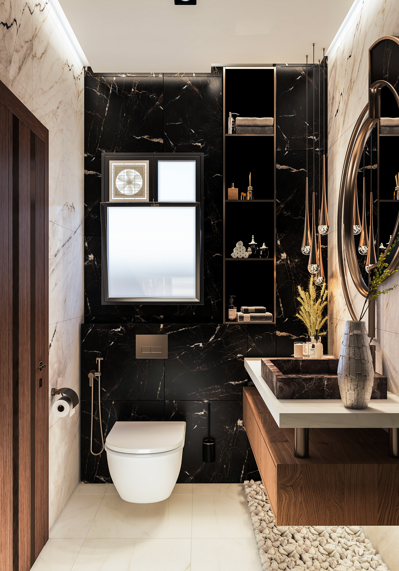 bathroom interior design  dark Theme toilet Interior luxury gold elegant black and white