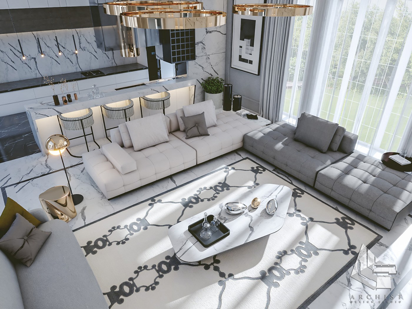 archist dubai egypt kitchen livingroom modern Residence UAE White