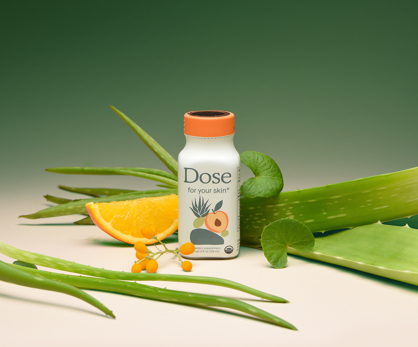 dose beverage Healthy drink bottle fresh herbs Colorful styling Creative styling dosedaily immunity shots organic Ingredeints