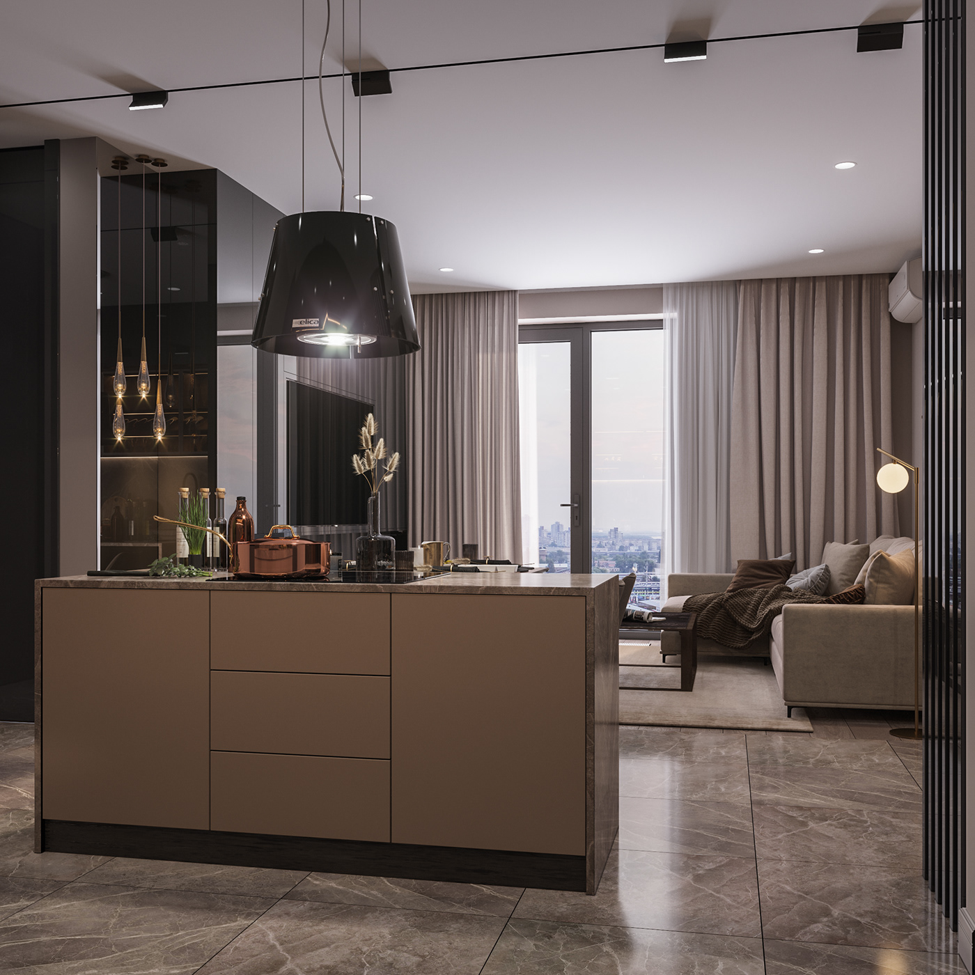 Minimalism studio kitchen livingroom design dark Interior beige