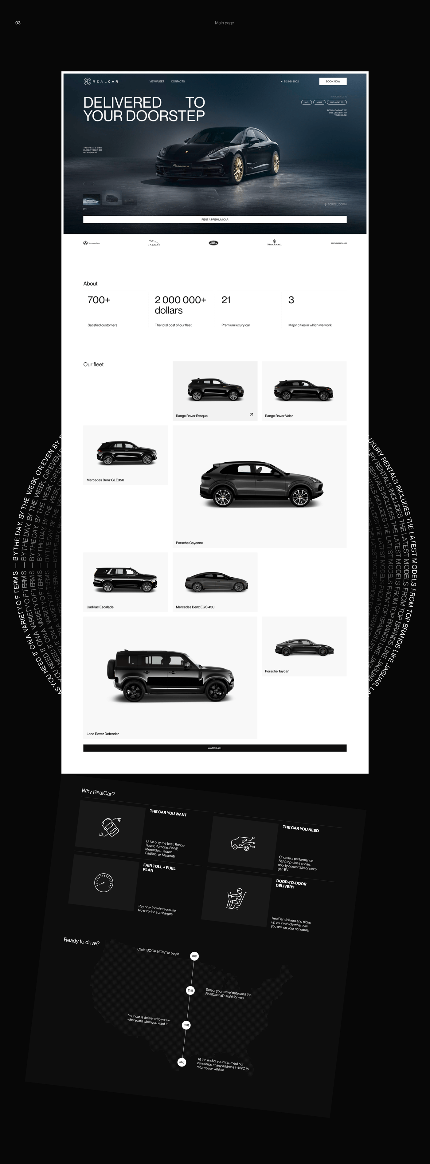 premium car rental car landing page UI/UX black and white uprock