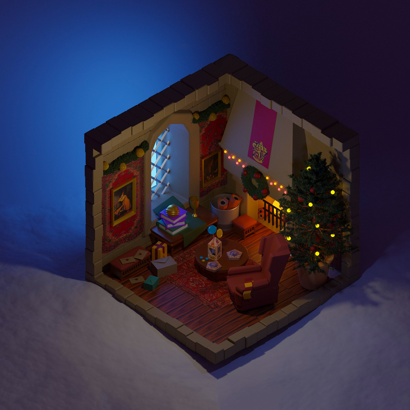 Christmas Holiday celebration house 3D Render harry potter Hogwarts Digital Art  concept