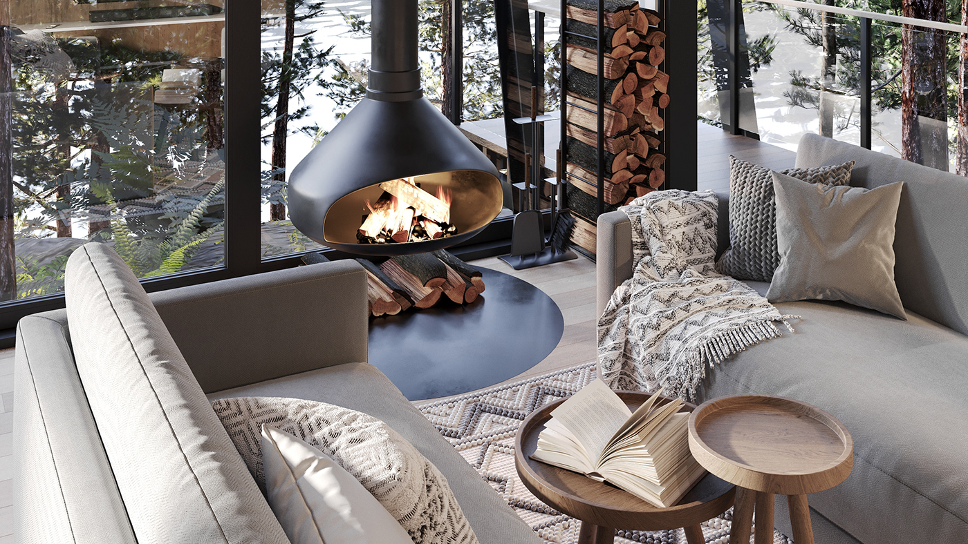 archviz corona fireplace forest lake minimal pine private house visualization