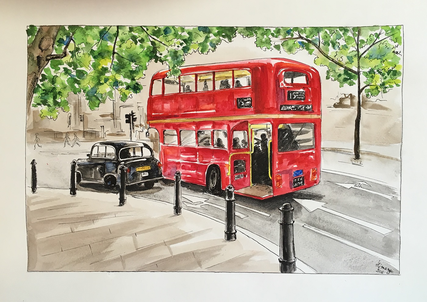 watercolor sketch ink and watercolor london bus London urban skeching street illustration