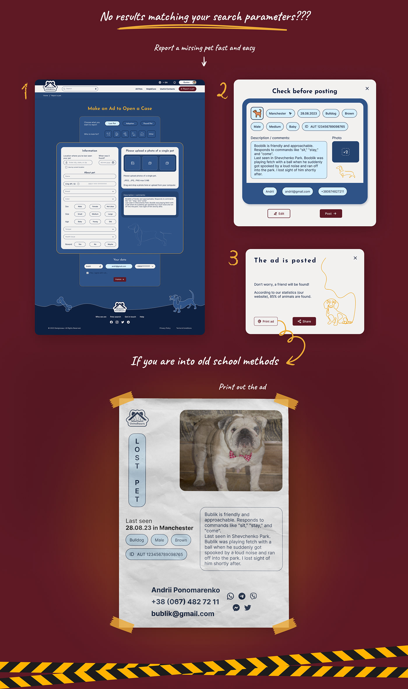 ui ux Website user interface pets lost dog Cat found help search