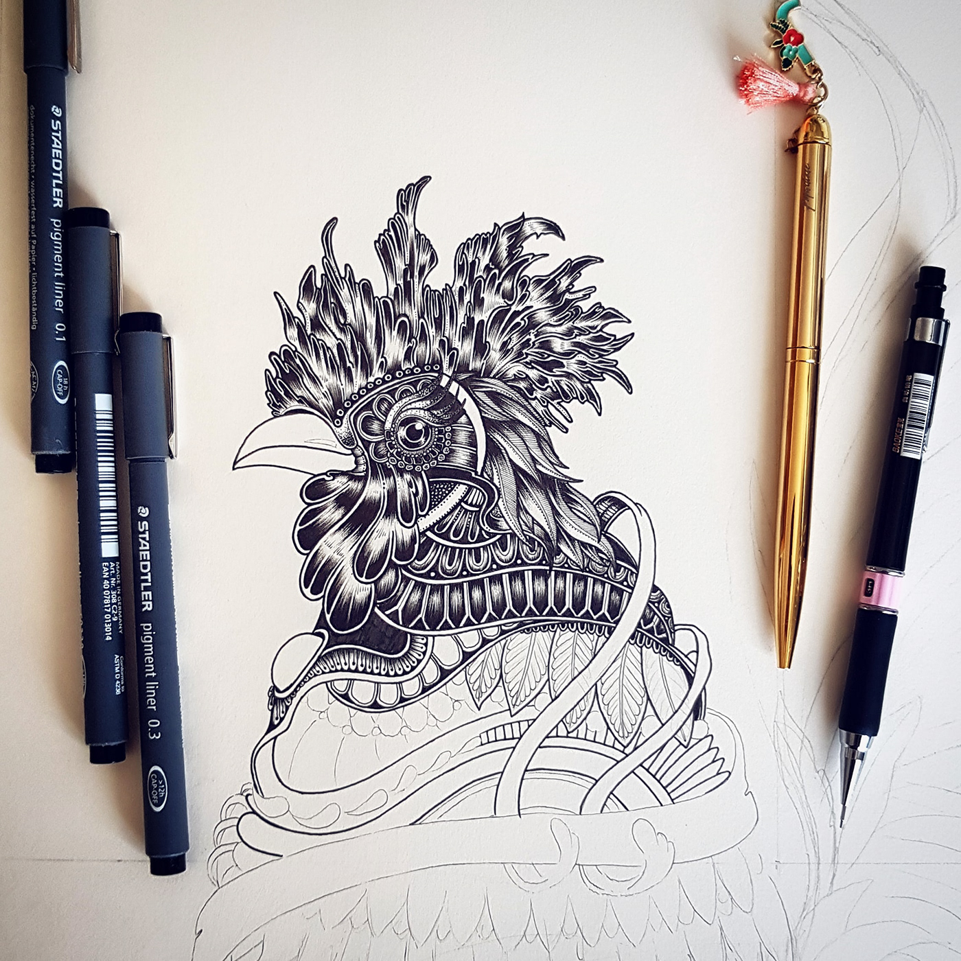 animalart dotwork ink Mandala Patterns Rooster roosterart staedtler zentangle zentangleart