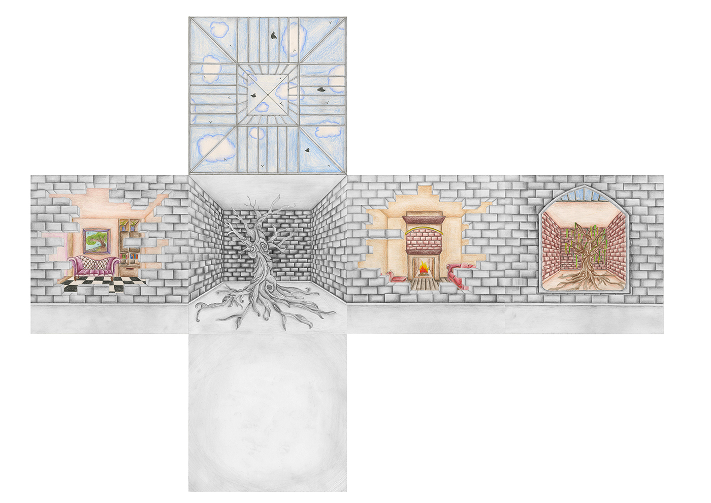 vr Virtual reality Drawing  panorama design Tree  pencil colour brick walls dream