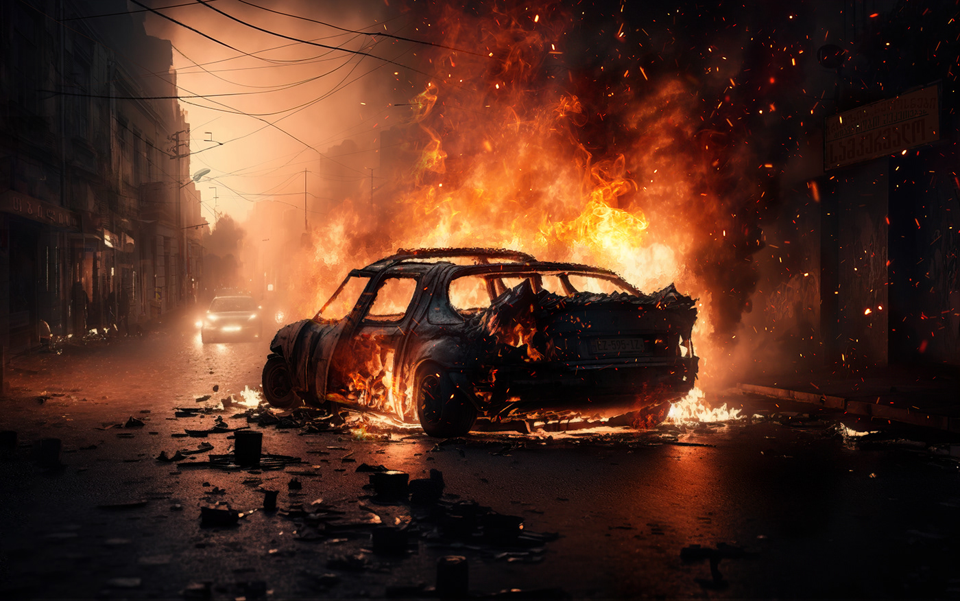 burning car clashes disorder night protests riots stocks Street Vandalism