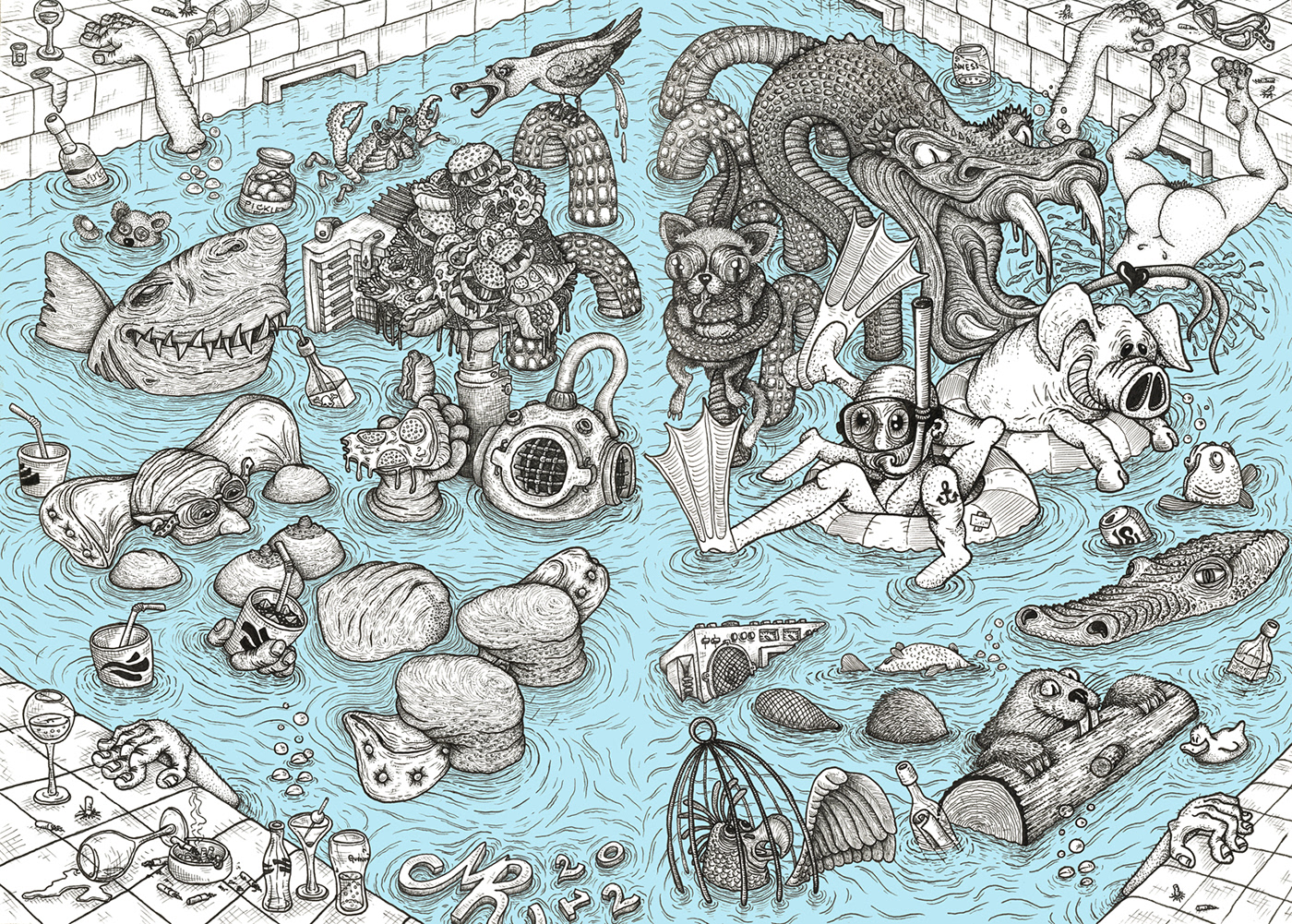 detailed ink drawing of swimming pool mayhem scene featuring shark, pig, snake crocodile, fat woman
