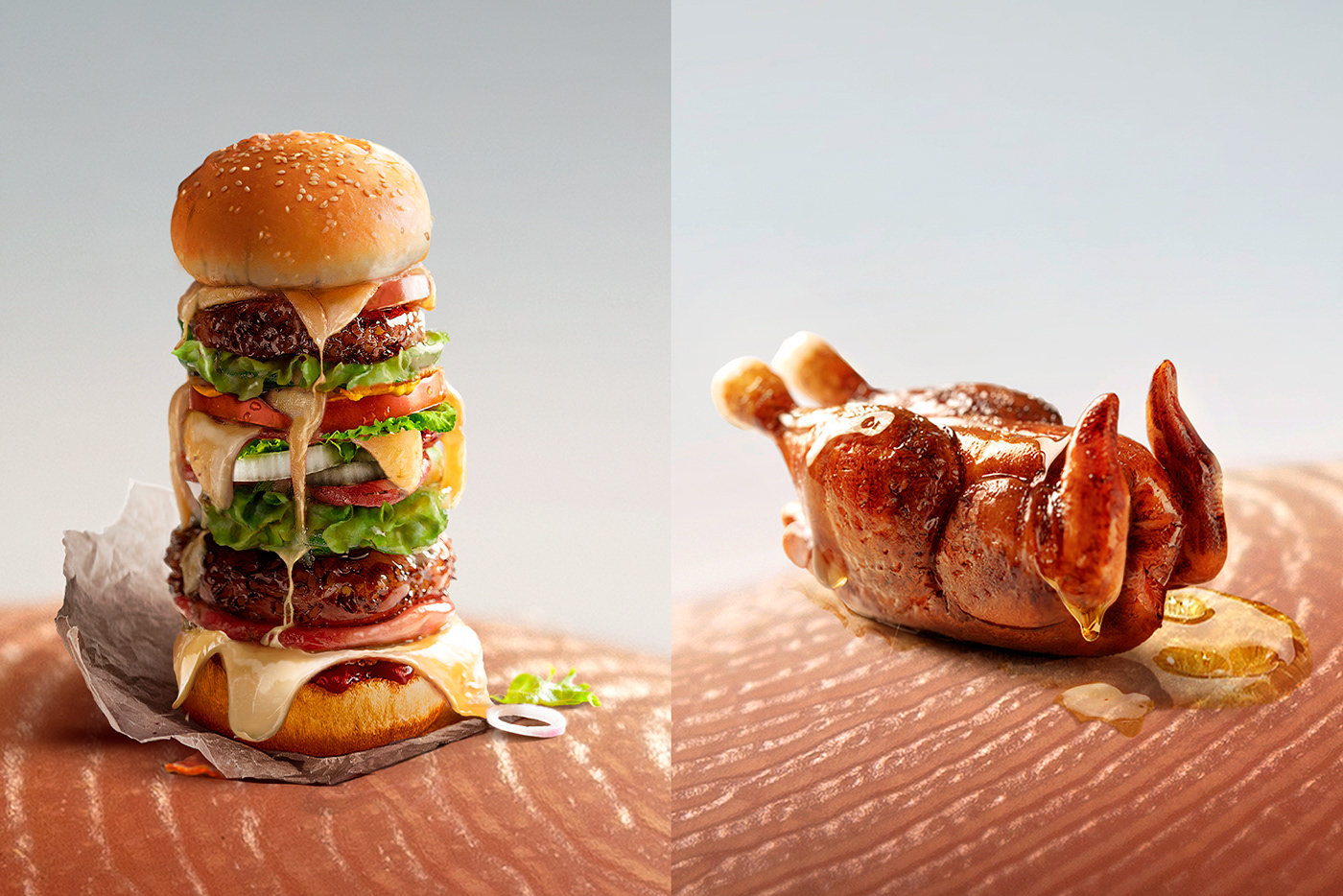print Food  hamburguer chicken finger stomach sculpture modeling retouch microfood