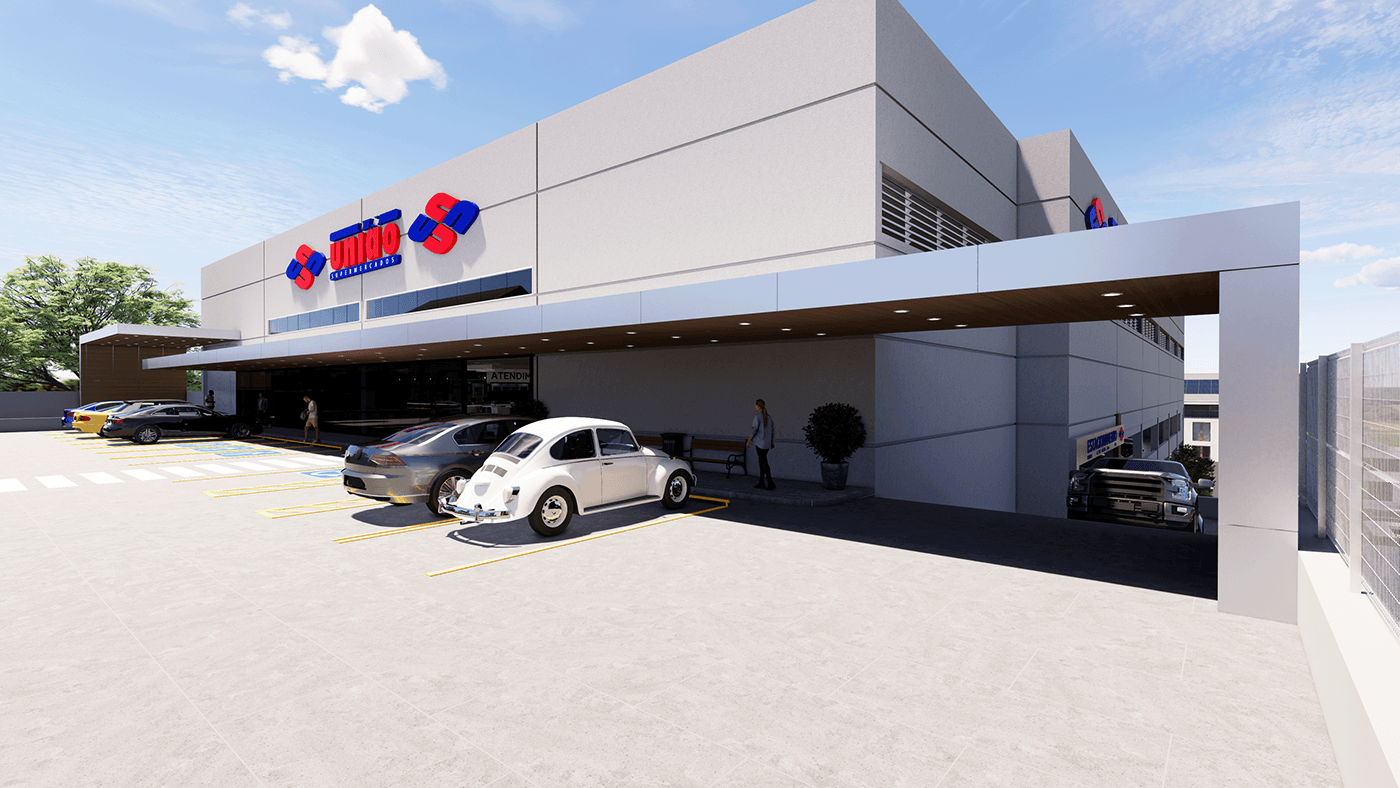 supermercado Supermarket letters pylon facade fachada ARQUITETURA architecture Render 3D