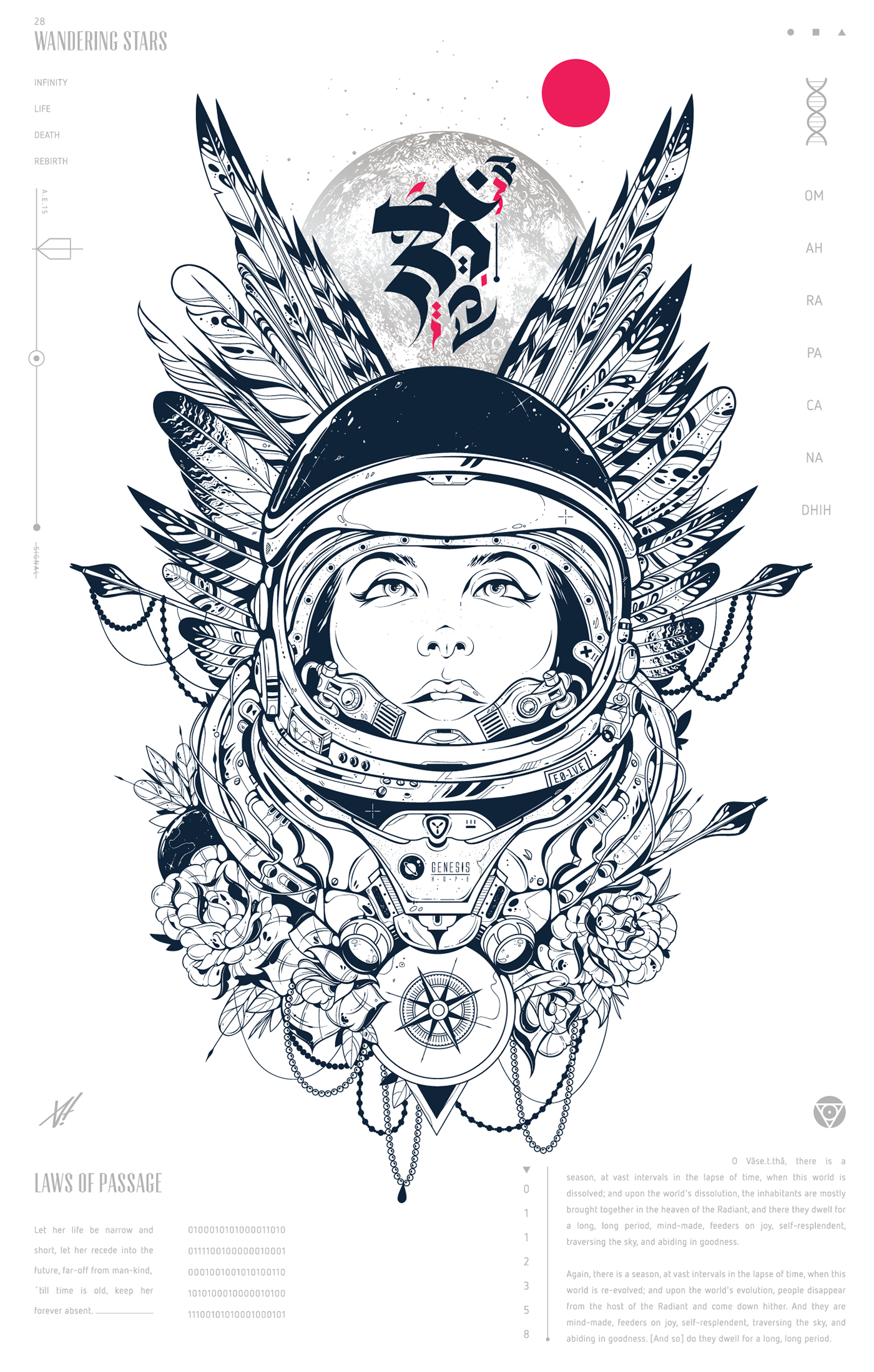 Vector Illustration astronaut tribal ornaments feathers Space  Sci Fi Mantras aum om Roses compass lettering Space time moon screen print human race