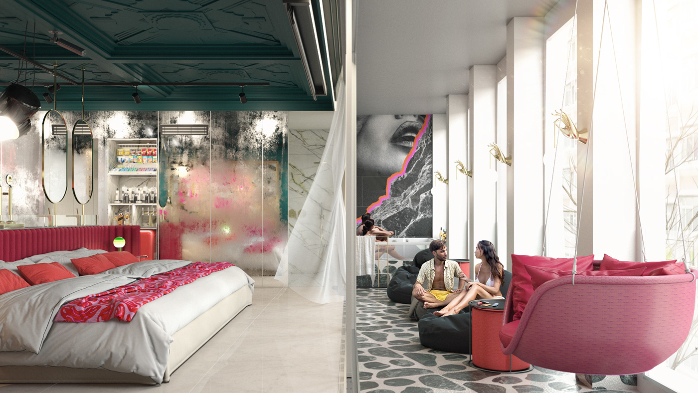 interior design  hotel room Lobby restaurant bar archviz design 3ds max visualization
