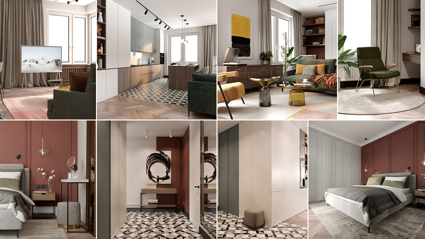 3ds max green houndstooth interior design  livingroom marsala Moscow Render visualization