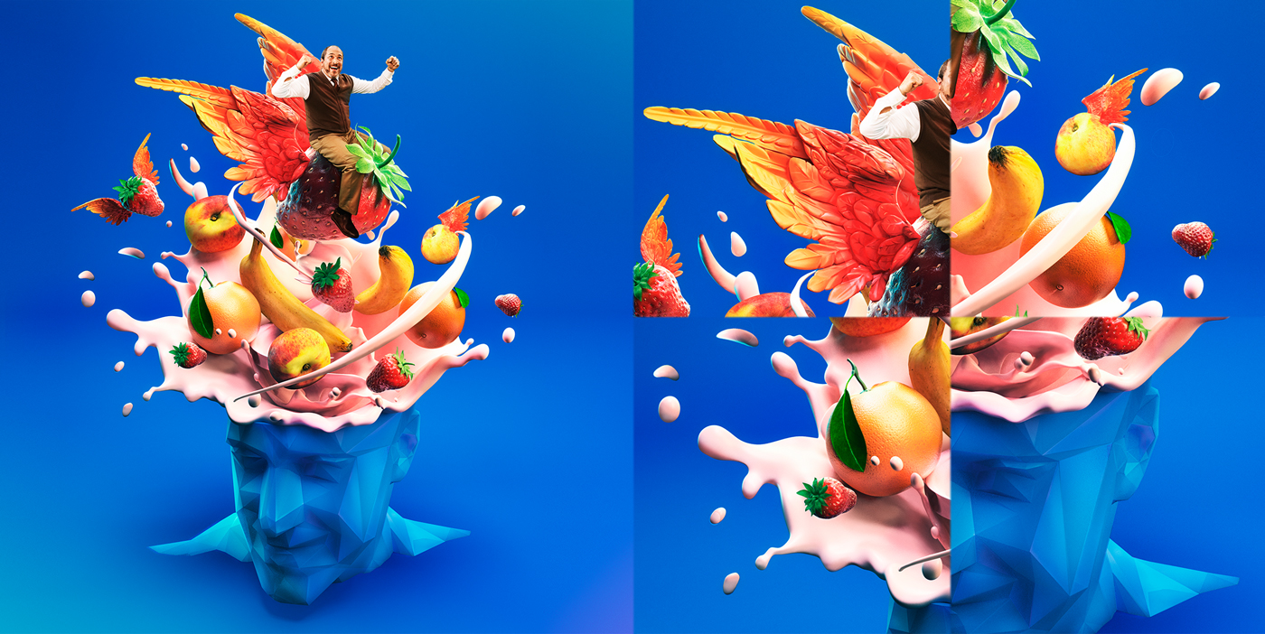 retouch ILLUSTRATION  3D Fruit yogurt splash crazy mind blown head Low Poly