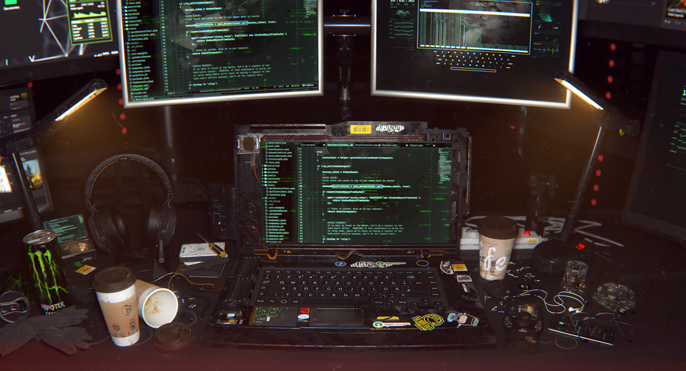 Cyberpunk hacker workstation redshift Render cinema4d