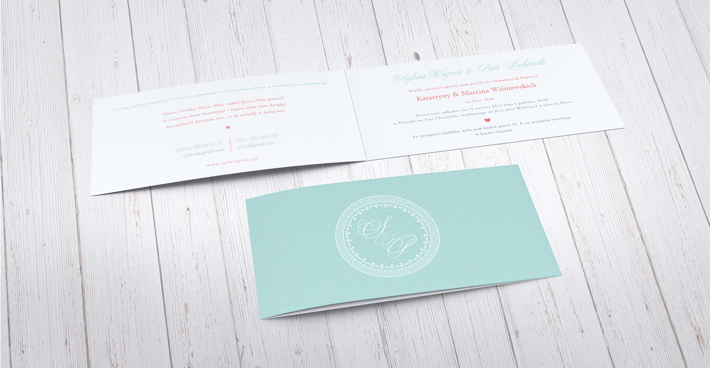 wedding Invitation turquoise coral heart pattern delicate
